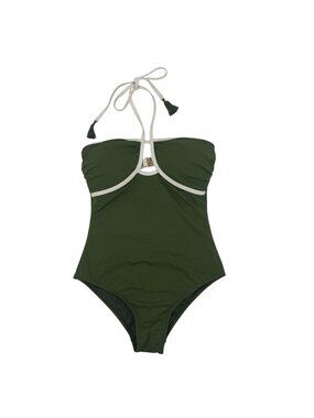 NWT Commense  Size S Green Contrast One Piece Swimsuit Tasseled Halter Strap